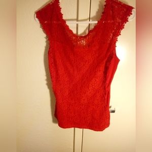 Express Red Sleeveless Sheer and Lace Tank Top